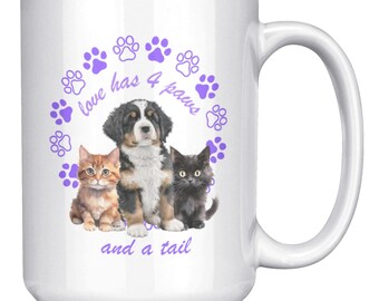 15oz Ceramic Mug, Dog Cat Lover Gift, Purple Paw Print Design