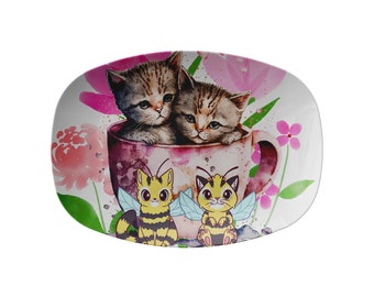 Kittens In A Cup With Cat Bees 10 x 14 Platter. Cat Lover Gift. Outside Entertaining. Decorative Platter. Wall Decor. Cute Decor .