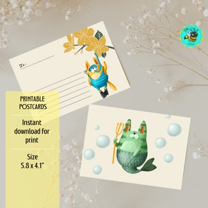 Printable Postcard Cute Cat Mercat Mermaid - 5.8 x 4.1 Inches, Digital Download PDF and PNG Files, Downloadable Post Card Print Ready