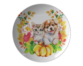 Dog Cat Pumpkins And Flowers 10" Plate, Decorative Plate For Wall, Outside Entertaining, Crazy Cat Lady Gift, Tableware Decor, Set Of 2 Or 4