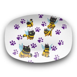 Cat Bee Platter – Whimsical Bumblebee Cat Paw Print Serving Dish (10x14)