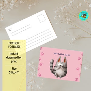 Printable Postcard Cute Cat, Not Feline Well - 5.8 x 4.1 Inches, Digital Download PDF and PNG Files, Downloadable Post Card Print Ready