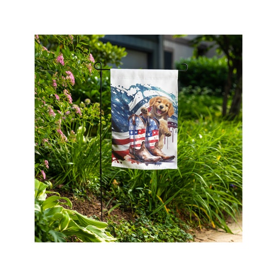 Patriotic Pup With Flag | Garden Flag | Patriotic Flag | Red White Blue |  2 Sided Pet Garden Flag | Independence Day Decor | Garden Decor