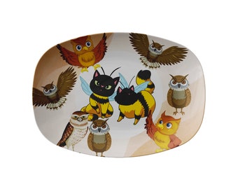 Cat Bees And Owls 10 x 14 Decorative Platter. Great For Entertaining. Cute Cat And Bee Lover Platter. Save The Bees. Decorative Decor
