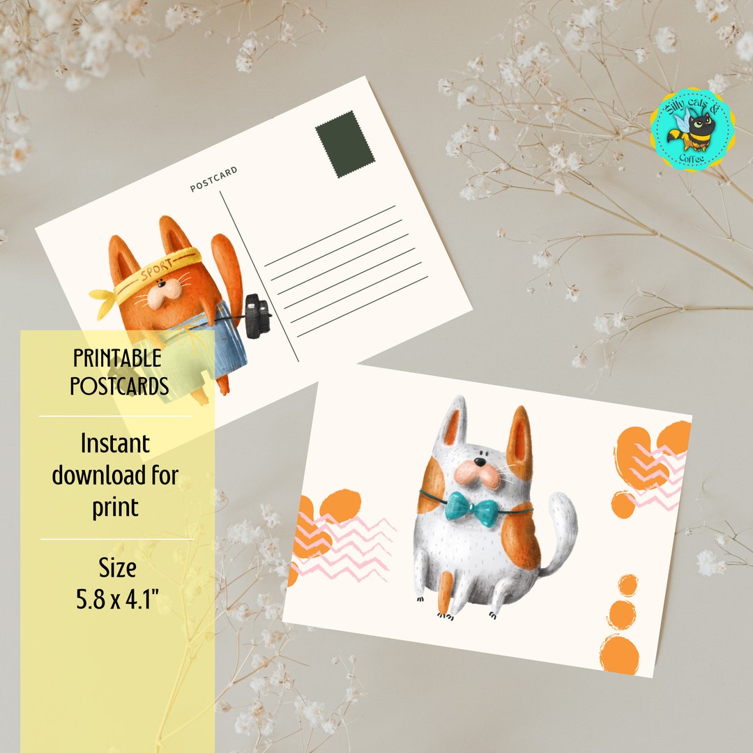 Printable Postcard Cute Cat With Bow Tie - 5.8 X 4.1 Inches, Digital ...