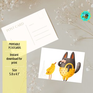 Printable Postcard Cute Cat with Bird- 5.8 x 4.1 Inches, Digital Download PDF and PNG Files, Downloadable Post Card Print Ready
