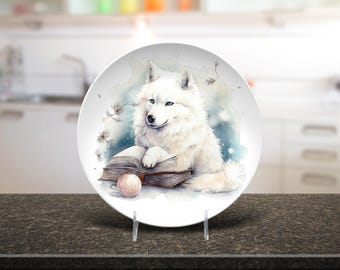 Samoyed Dog Reading Illustration Plate, Watercolor Animal Lover Home Decor