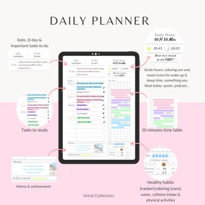Puede incluir: Un planificador diario digital con un esquema de color rosa y azul. El planificador incluye secciones para tareas diarias, horas de estudio, una tabla de 10 minutos y el seguimiento de hábitos saludables. El planificador también incluye una sección de notas y una sección de logros.