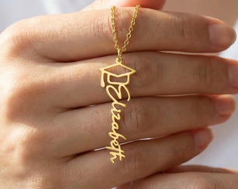 Graduation Name Necklace Custom Grad Pendant Senior Gift Jewelry High School Graduation Gift 18K Gold Finish Polished Stainless Steel