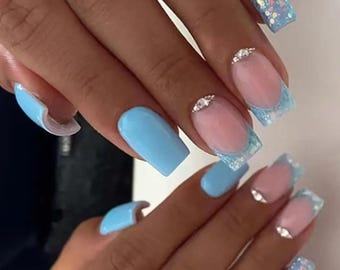 Light Blue Press On Nails Glossy Medium Short Square Nails Rhinestone and Glitter Tips Fake Nails Set Glam Press Ons 24 pcs Blue False Nails