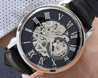 Black Openwork Skeleton Watch Gift Set Personalized Card & LED Box
