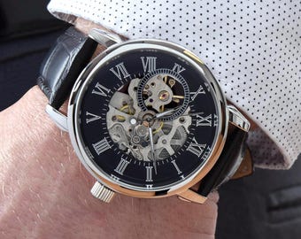 Men’s Black Skeleton Watch, Openwork Mechanical Leather Wristwatch Luxury See Through Watch for Him Anniversary Birthday Father's Day Gift
