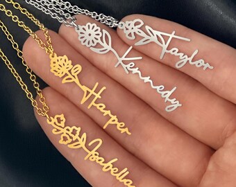 Name Necklace with Birth Flower, 18k Gold Finish Name Necklace with Birth Flower, Floral Name Necklace, Steel Personalized Birthday Flower,