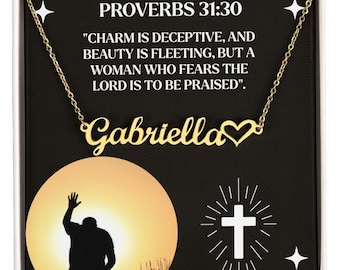 Personalized Name Necklace with Heart Charm Proverbs 31:30 Christian Gift