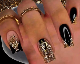 Black French Tip Press On Nails: Long Square Gold Glitter - 24pc Set