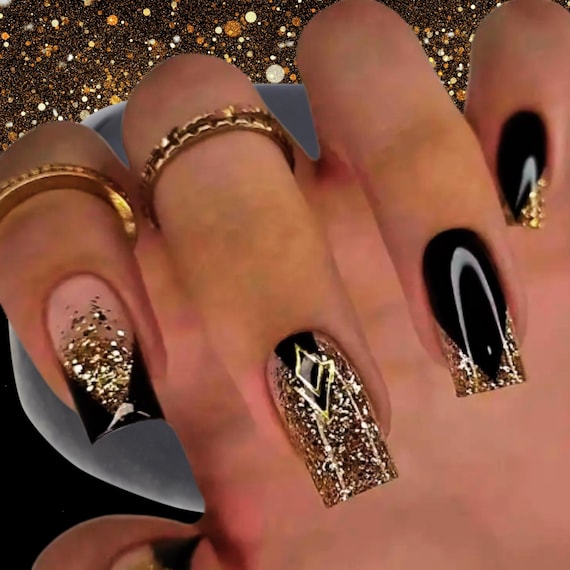 Black French Tip Press on Nails: Long Square Gold Glitter - 24pc Set - Etsy