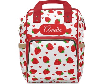 Personalized Strawberry Diaper Bag Baby Bag with Strawberries Personalized Diaper Bag Stylish Baby Gear Strawberry Print Diaper Bag