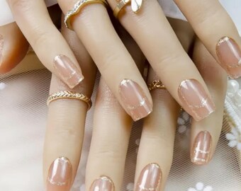 Nude Press On Nails Silver Glitter Stripe Design Medium Square Fake Nails Full Cover Glossy Press Ons Elegant Nude Nails Set 24 pc Set