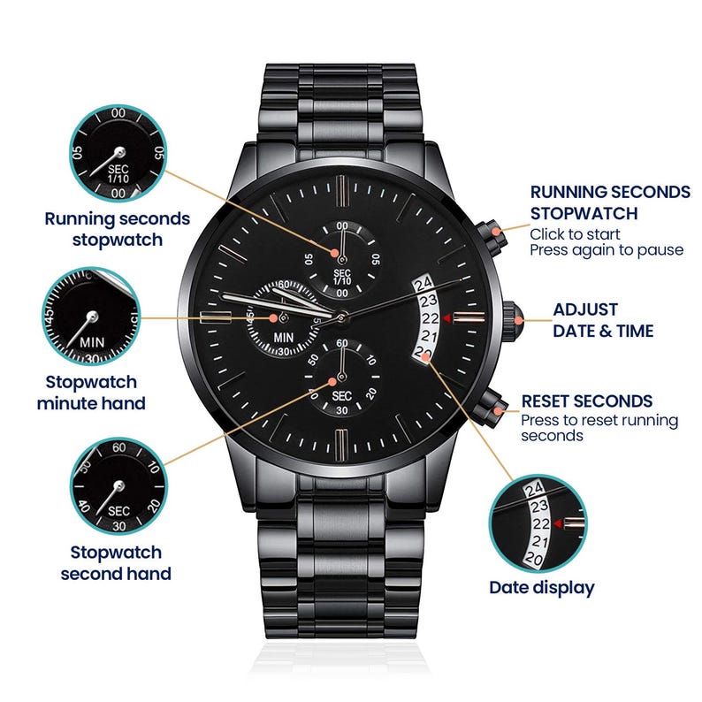 May include: A black wristwatch with a matching band. The watch face has multiple sub-dials for seconds, minutes, and 1/10th of a second. Features include a stopwatch, date display, and adjustment buttons. The watch has a sleek, modern design.