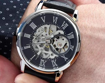 Men’s Black Leather Skeleton Watch, Openwork Mechanical Wristwatch Luxury Watch for Him Anniversary Birthday Christmas Gift For Men