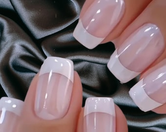 French Manicure Press On Nails, Nude Square Fake Nails 24 pc Set