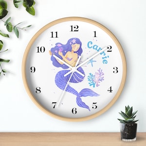 Personalized Mermaid Clock for Children Custom Mermaid Theme Wall Clock Kids Room Mermaid Decor Mermaid Wall Clock with Name Mermaid Clock