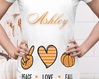 Personalized Fall Apron Peace Love Fall Autumn Kitchen Apron Custom Thanksgiving Apron Gift Fall Baking or Cooking Apron Custom Fall Kitchen
