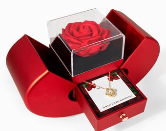 14K White Gold Necklace & 18K Yellow Gold Necklace Gift Set with Cubic Zirconia Red Rose Gift Box Personalized Card Gift for Her