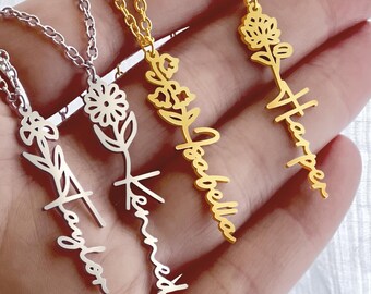 Birth Flower Name Necklace, 18k Gold Finish Name Necklace with Birth Flower, Floral Name Necklace, Steel Personalized Birthday Flower,