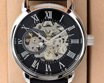 Men’s Black Leather Skeleton Watch, Openwork Mechanical Wristwatch Luxury See Through Watch for Him Anniversary Birthday Father's Day Gift