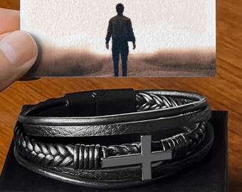 Men's Braided Vegan Leather Cross Bracelet Stainless Steel Accent
