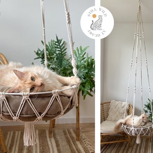Lange Katzenhängematte - zwei Größen, Makramee-Katzenschaukel, Boho-Katzenbett, Katzenmöbel
