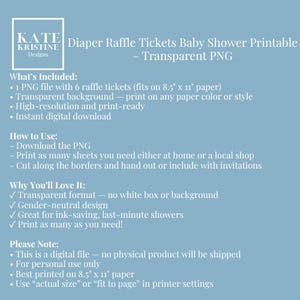 May include: Digital baby shower diaper raffle tickets printable. The design includes a transparent PNG file with six tickets, suitable for A4 paper. Features a gender-neutral design, high-resolution, and instant download.