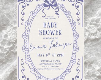 Vintage Bow Baby Shower Invitation Template | Classic Elegant Canva Invite (Digital Download)
