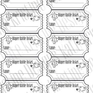 May include: Black and white diaper raffle tickets. Each ticket has the text "Diaper Raffle Ticket" and a space for a name. The tickets feature baby-themed illustrations of a mobile, diaper, and safety pin.