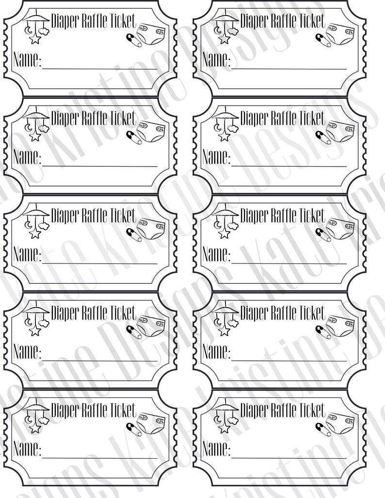 May include: Black and white diaper raffle tickets. Each ticket has the text "Diaper Raffle Ticket" and a space for a name. The tickets feature baby-themed illustrations of a mobile, diaper, and safety pin.