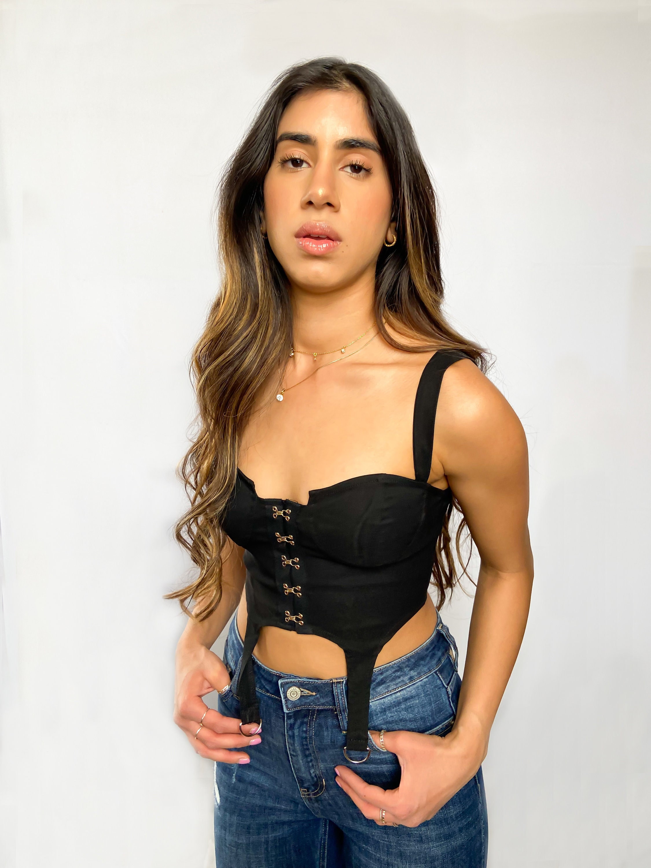 Corset Crop Top Sexy Y2K Gold Details Black Corset Tank Top Strap Tank