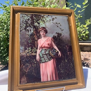 May include: A framed vintage print of a woman in a pink dress and green and white striped apron holding a basket of grapes. The woman is standing in a woodland setting with trees and vines.