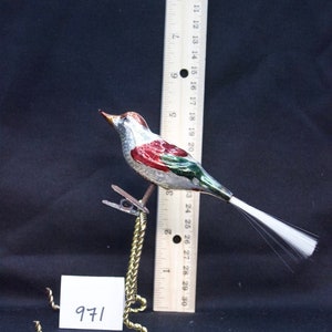 Antique German Glass Hand-painted Bird Christmas Ornament with Spun Glass Tail  [971]