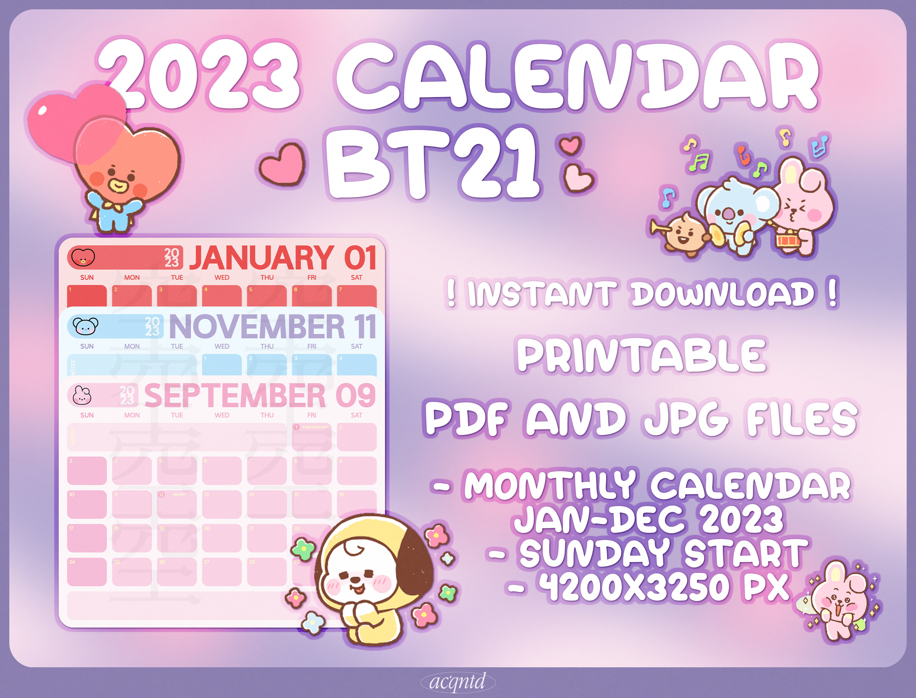 DIGITAL DOWNLOAD 2023 Printable CALENDAR BT21 Themed Etsy