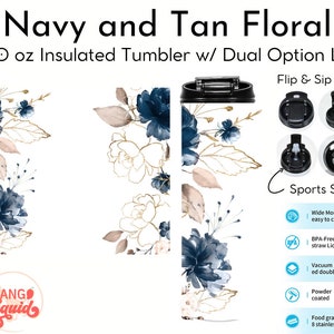 Navy and Tan Floral Glam 20oz Insulated Dual Lid Water Bottle Tumbler with Name Personalization