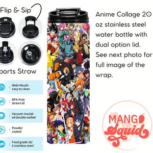 Anime Collage 20 oz Skinny Dual Lid Insulated Water Bottle