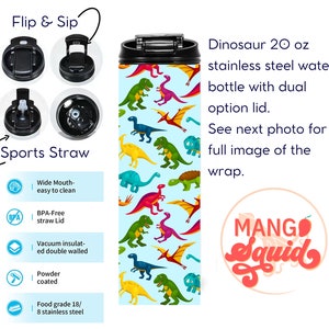 Dinosaur 20 oz Insulated Dual Lid Water Bottle Tumbler  with Personalization of Name