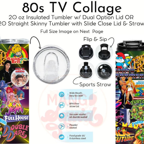 1980s 80s TV Show Collage 20oz Insulated Tumbler Sports Bottle with Straw