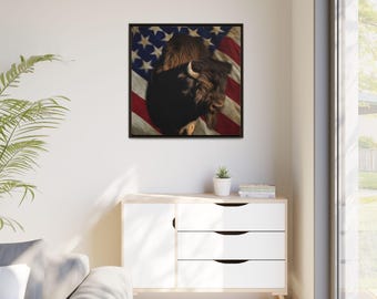 Bison Canvas Painting | Framed Canvas | Americana Artwork | Buffalo Canvas | American Flag | Unique Art | Patriotic | Wildlife Enthusiasts