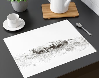 Mantel individual de bisonte / Mantel individual con dibujo de manada de bisontes / Decoración de comedor con temática de vida silvestre / Decoración con fotografía de animales / Cocina con temática de bisonte