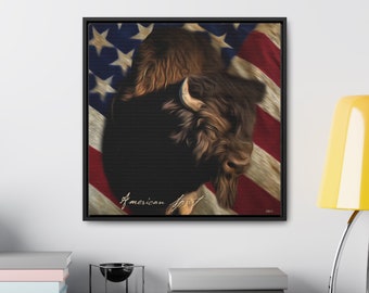 Bison Canvas Painting | Buffalo Framed Canvas | Americana Artwork | Buffalo Canvas | American Flag | Unique Art | "American Spirit"