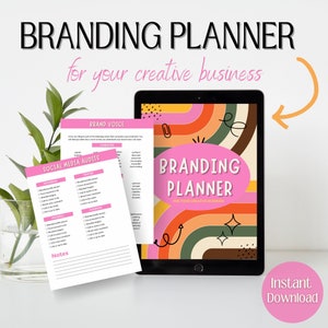 May include: A pink and green digital planner with the text "Branding Planner for your creative business" on a tablet screen. The planner includes sections for brand voice, social media audits, and notes.