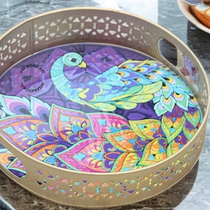 Handmade Metal Round Tray: Intricate Peacock Design, 10-Inch