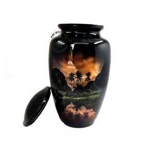 Beach Scene Cremation Urn for Human Ashes: Palm Tree Mountain View